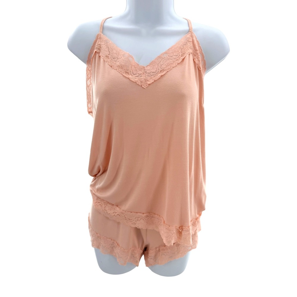 Hale Bob Bamboo Pajama Set L Pink Peach Lace Cami Shorts Sleepwear Coquette